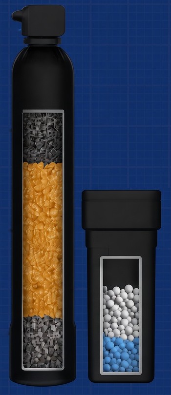 Cutaway of the Val Water Co complete home softener and filtration tank showing carbon, softening resin, and gravel layers, next to the brine tank